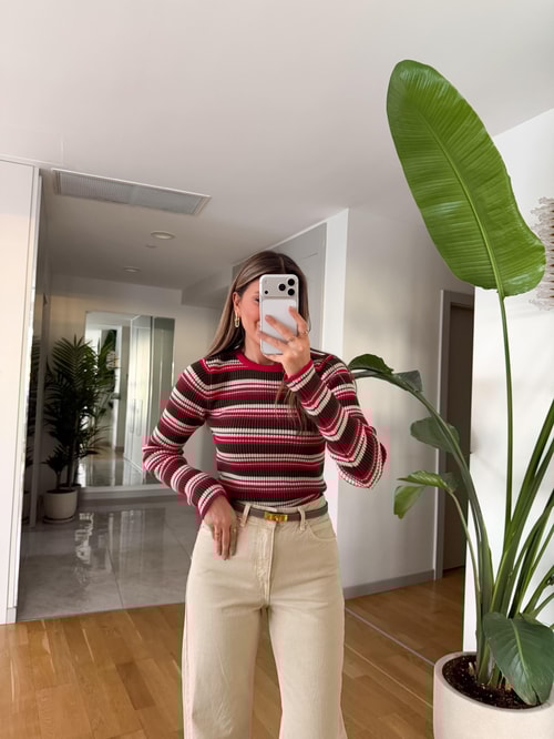 Andre Çizgili Triko -Koyu Fuşya Haki