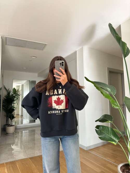 Antrasit Canada Baskılı Sweatshirt
