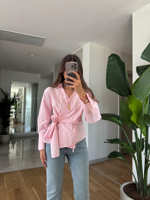 Anvelop Bağlamalı Poplin Gömlek-Pembe