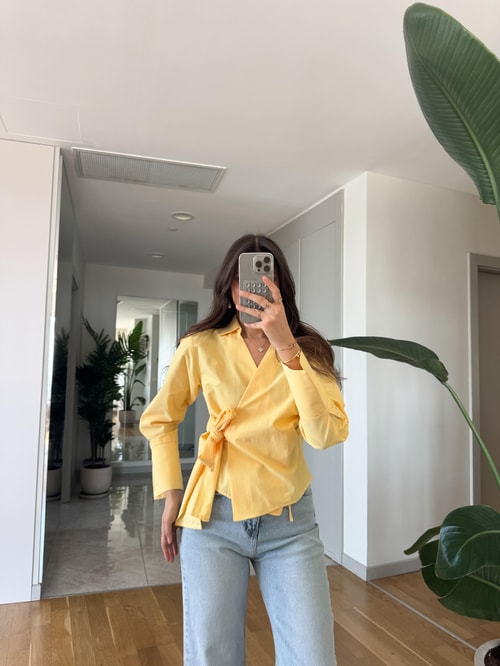 Anvelop Bağlamalı Poplin Gömlek - Sarı