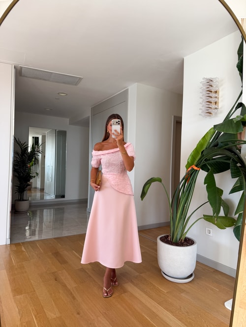 Aplikeli Kombinasyonlu Elbise - Pembe