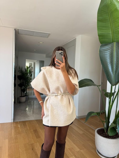 Apoletli Kemerli Kürk Panço - Ekru 