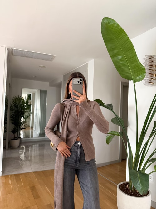 Atkılı Düğmeli Triko Hırka - Vizon 