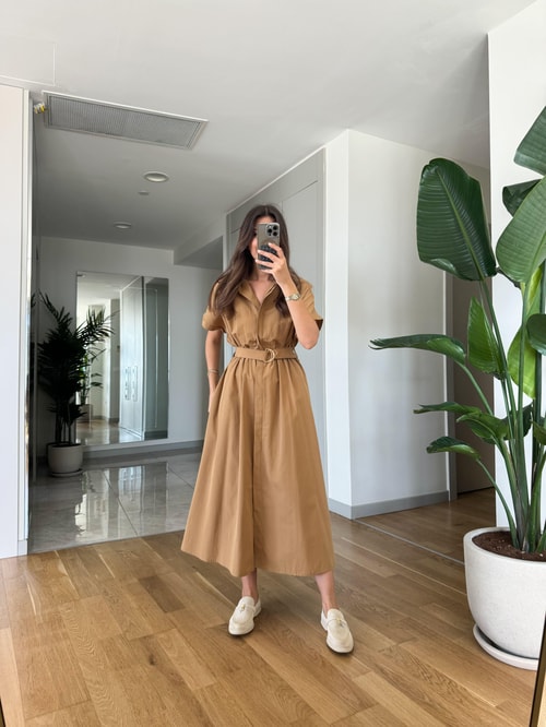 Ayarlanabilir Kemerli Midi Elbise Camel