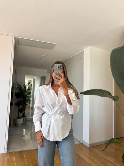 Bağlama Detaylı Poplin Gömlek - Beyaz