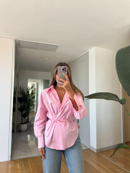 Bağlama Detaylı Poplin Gömlek - Pembe