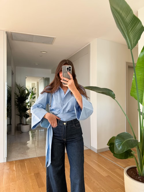 Bağlama İspanyol Kol Poplin Gömlek- Mavi