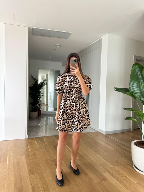 Balon Kol Bağlamalı Leopar Desen Elbise