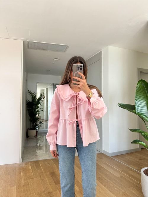 Bebe Yaka Bağlamalı Gömlek-Pembe