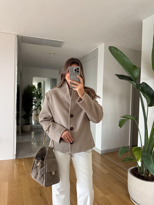 Bej V Yaka Kaşe Ceket 