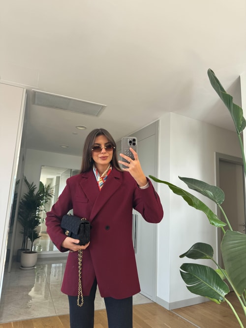 Belden Oturmalı Çift Düğmeli Kaşe Blazer-Bordo