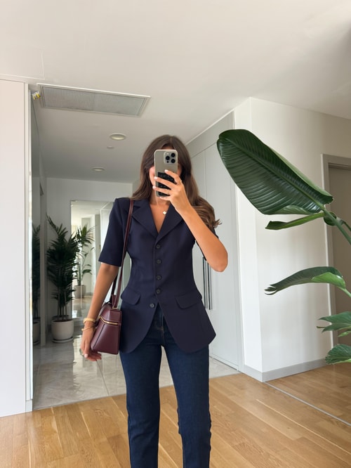 Belden Oturtmalı Kısa Kollu Blazer-Lacivert