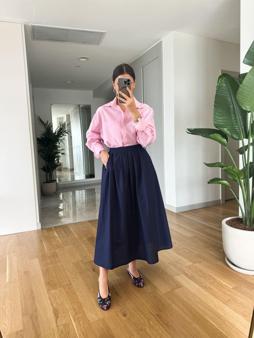 Beli Lastikli Poplin Midi Etek-Lacivert