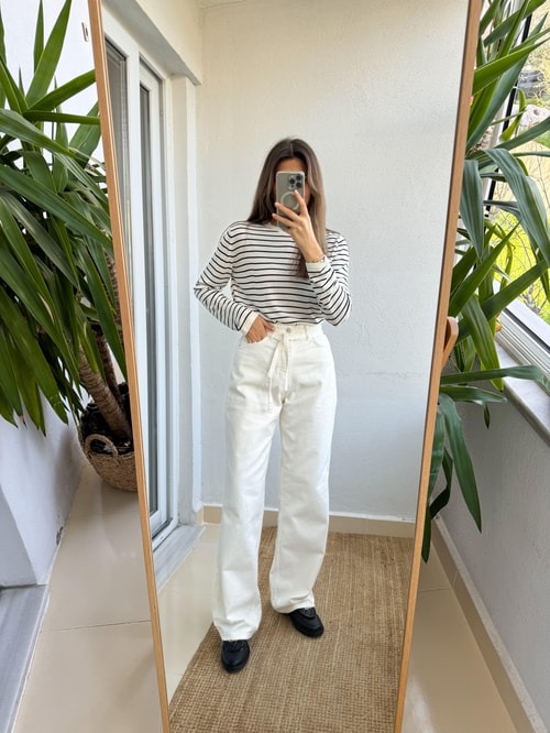 Beyaz Beli İp Detaylı Jean