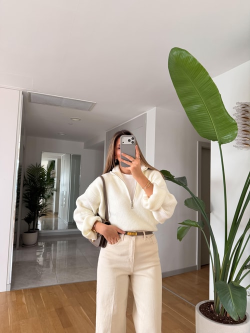 Bisso Fermuarlı Salaş Kazak - Ekru 