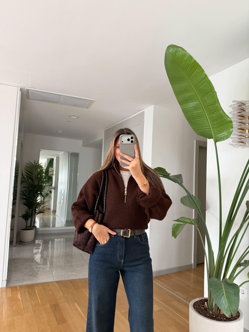 Bisso Fermuarlı Salaş Kazak - Kahve