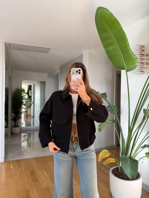 Bold Kapak Cepli Bomber Ceket - Siyah