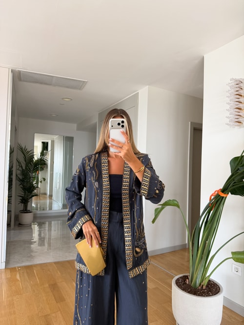 Boncuk İşlemeli Tencel Kimono - Lacivert