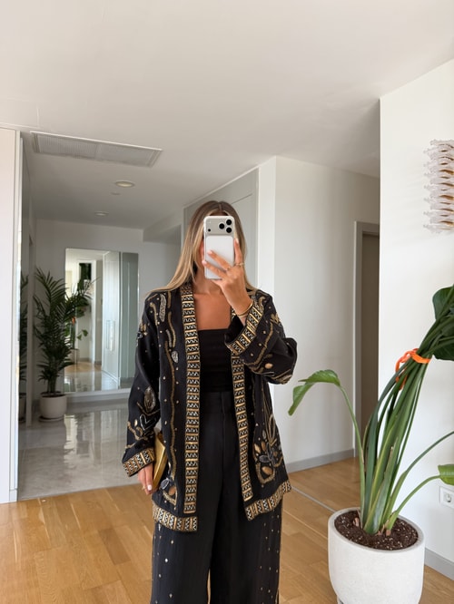 Boncuk İşlemeli Tencel Kimono - Siyah