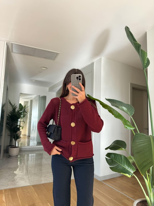 Bordo Gold Düğmeli Hırka