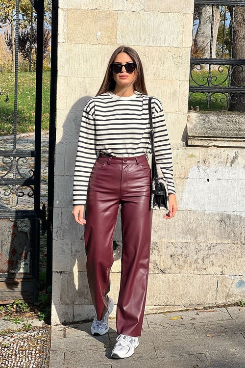 Bordo Straight Deri Pantolon