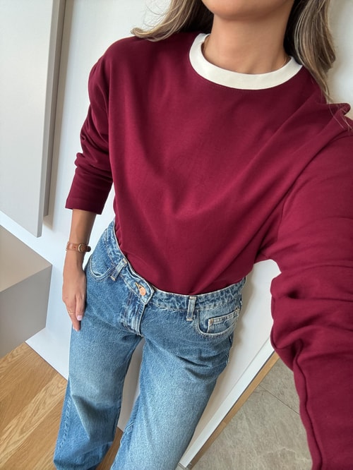 Bordo Yakası Ekru Biyeli Pamuklu Bluz