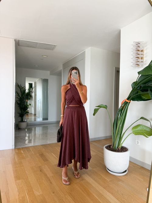 Boyundan Bağlamalı Etekli Takım - Mürdüm