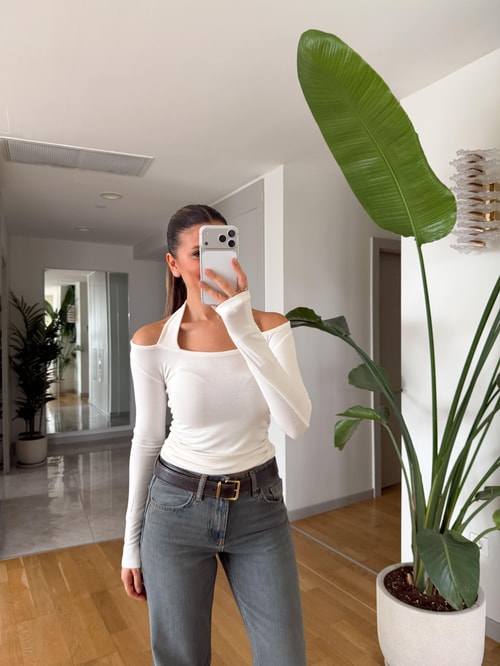 Boyundan Geçmeli  Penye Bluz - Ekru