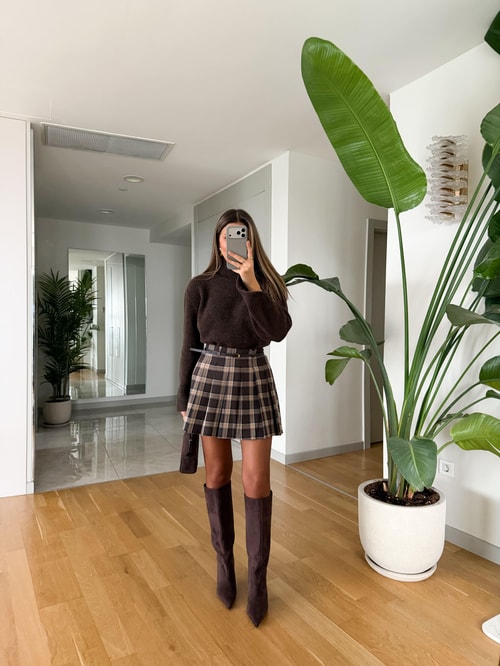 Bussy Kemerli Ekose Desen Mini Etek - Kahve