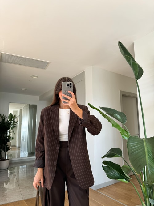 Çizgili Oversize Blazer Ceket-Acı Kahve