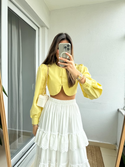 Crop Poplin Gömlek Bluz-Sarı
