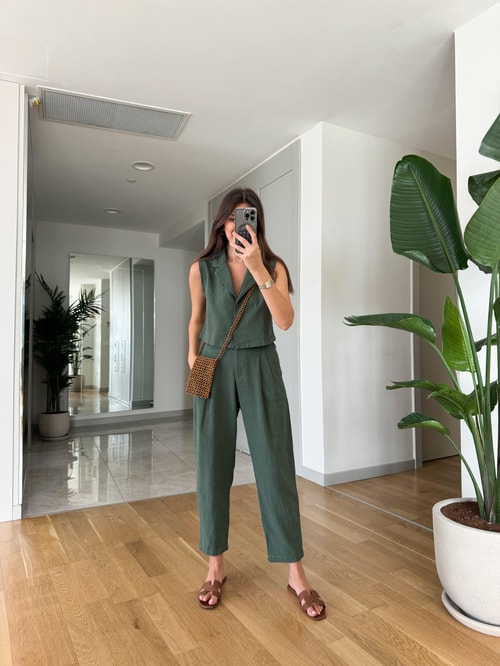 Daisy Keten Dokulu Bluz Pantolon Takım-Yeşil