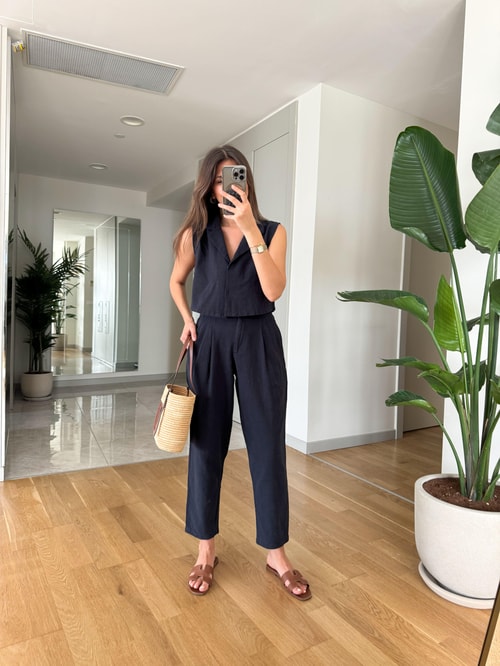 Daisy Keten Dokulu Bluz Pantolon Takım-Lacivert