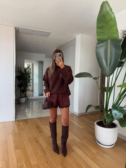 Dantel Detaylı Saten Şort - Kahve