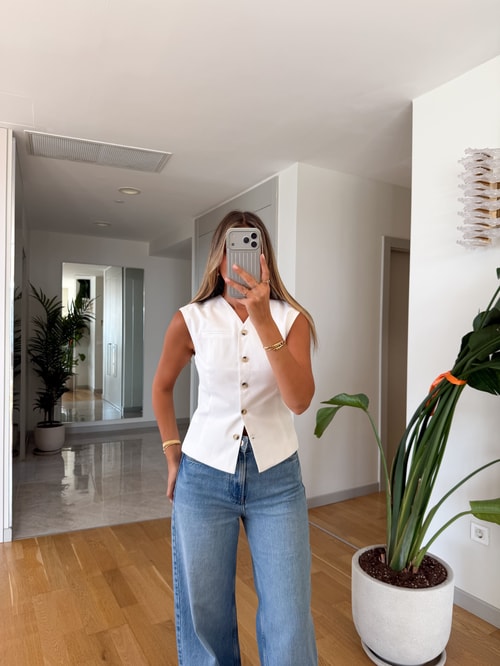 Demy Cep Detaylı Yelek - Beyaz