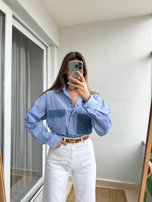 Denim Cep Detaylı Çizgili Gömlek