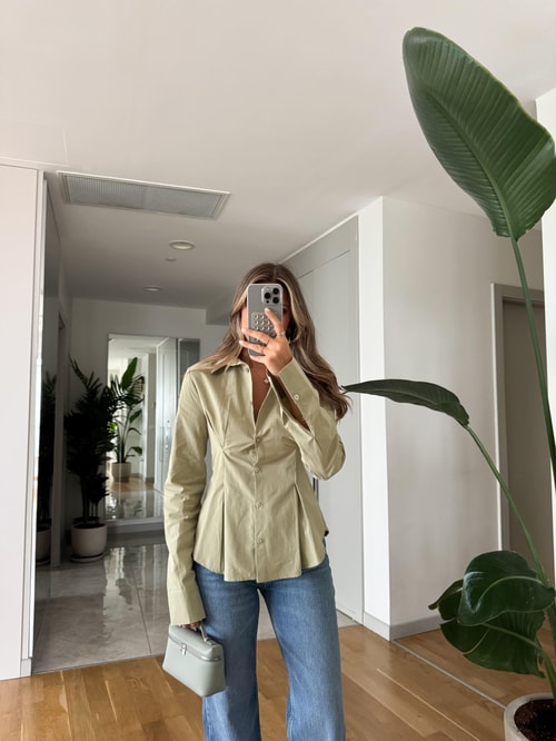 Depot Pileli Belden Oturan Gömlek - Çağla Yeşili