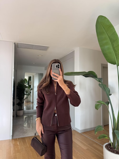 Dik Yaka Fermuarlı Hırka - Cherry