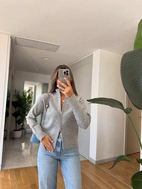 Dik Yaka Fermuarlı Hırka - Gri