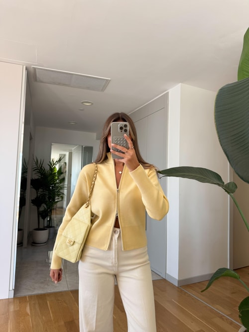 Dik Yaka Fermuarlı Hırka - Sarı