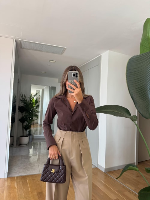 Dilvin Bele Oturan Basic Gömlek - Kahve