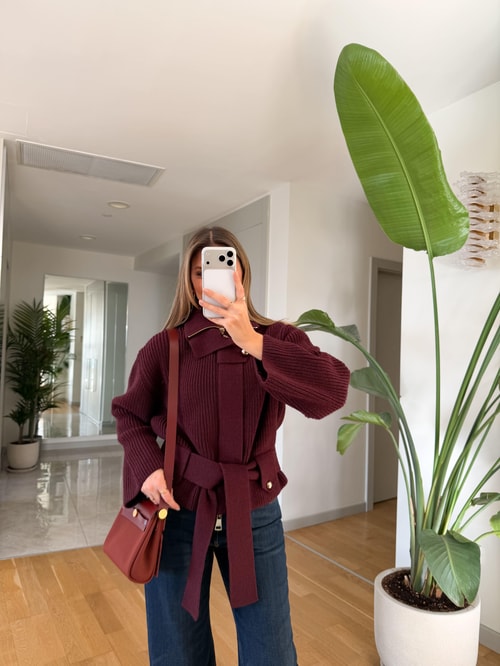 Dilvin Fermuarlı Ve Kemerli Triko Hırka - Bordo