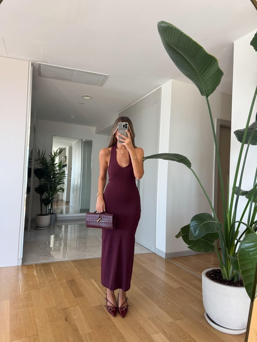 Dilvin Halter Yaka Midi Elbise - Bordo