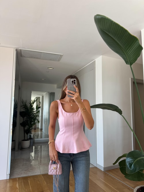 Dilvin Kalın Askılı Peplum Top -Pembe
