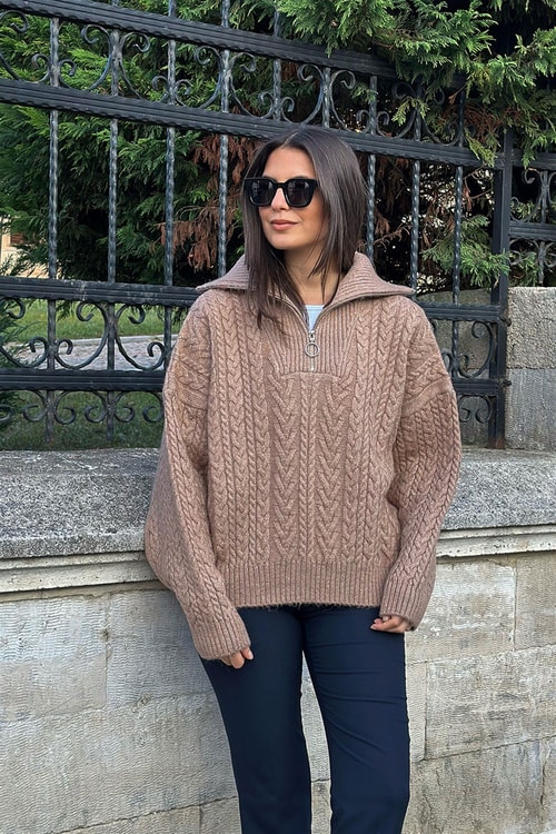 Dilvin Kamyoner Yaka Fermuarlı Camel Kazak