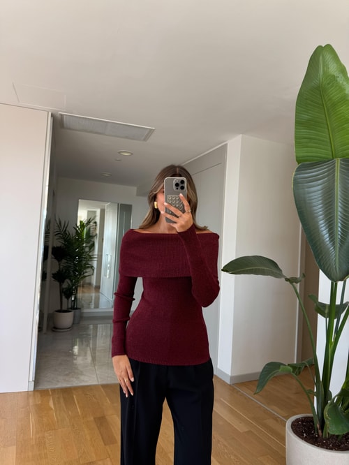 Dilvin Madonna Yaka Simli Triko - Bordo