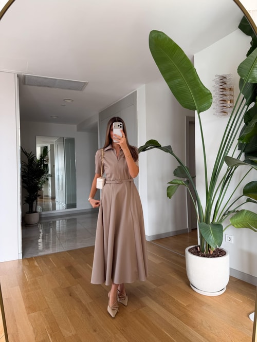 Dora Kemerli Kloş Elbise - Bej