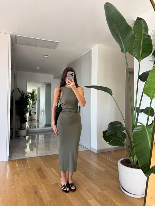 Drapeli Premium Basic Elbise -Haki