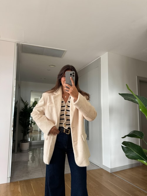 Ekru Alpaka Kürk Görünümlü Blazer Ceket