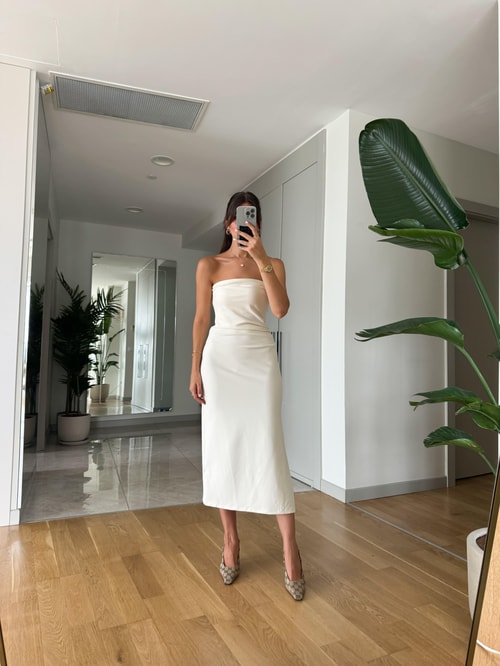 Ekru Beli Drapeli Straplez Midi Elbise